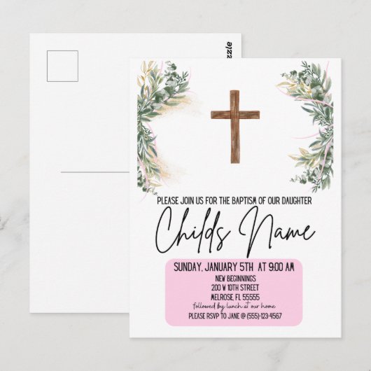 Floral Boho Baptism Invitations Briefkaart (Voorkant / Achterkant)