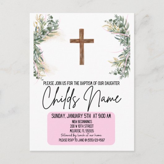 Floral Boho Baptism Invitations Briefkaart (Voorkant)