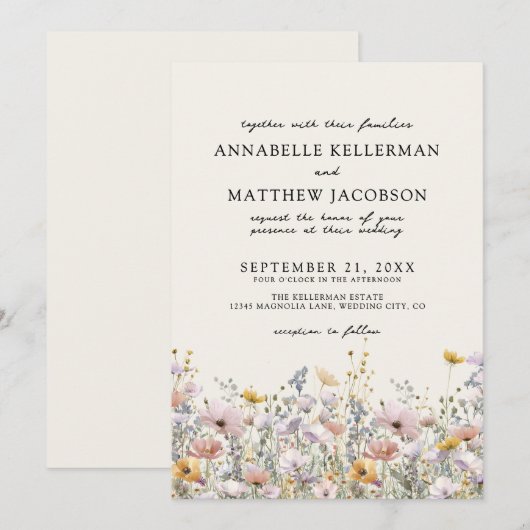Floral Boho Beige Wildflower Wedding Kaart (Voorkant / Achterkant)