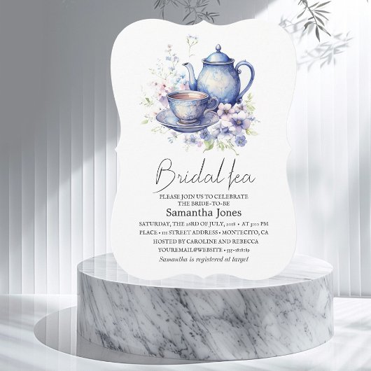 Floral Boho Blue Tea Pot Party Bridal Shower Kaart