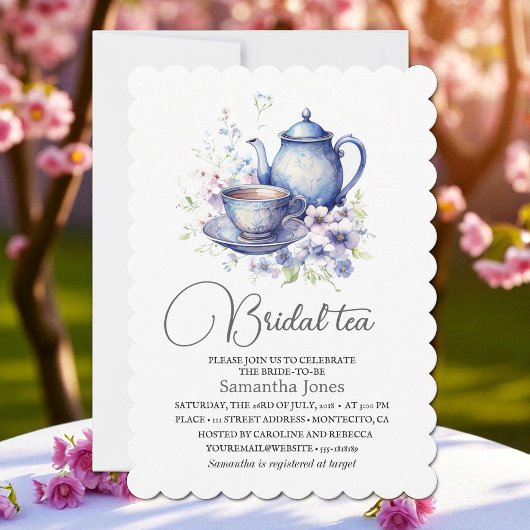 Floral Boho Blue Tea Pot Party Bridal Shower  Kaart
