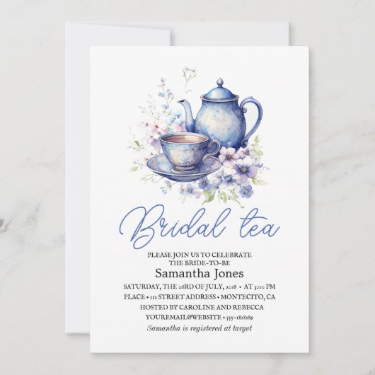 Floral Boho Blue Tea Pot Party Bridal Shower  Kaart (Voorkant)