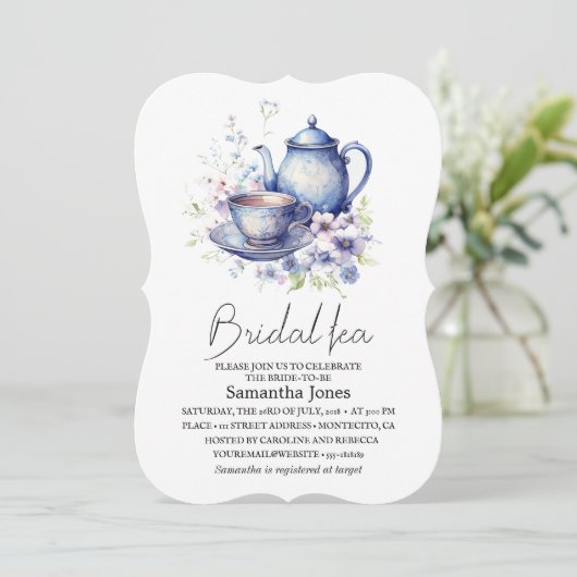 Floral Boho Blue Tea Pot Party Bridal Shower  Kaart (Staand voorkant)