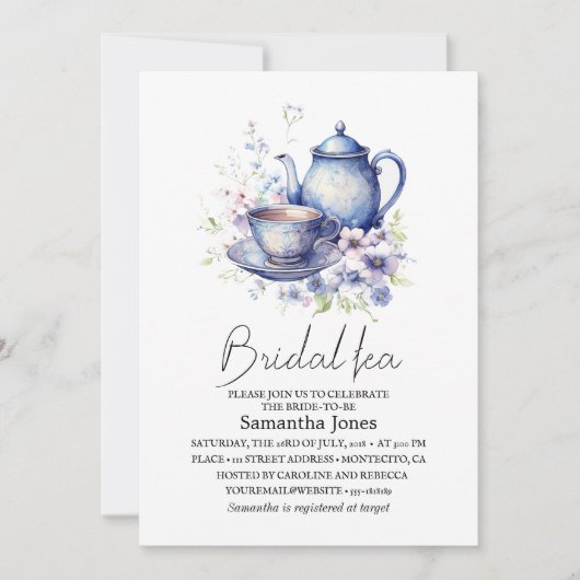 Floral Boho Blue Tea Pot Party Bridal Shower  Kaart (Voorkant)