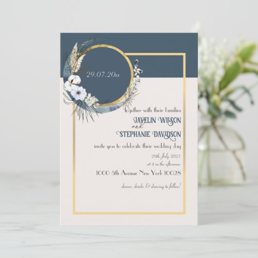 Floral Boho Blue Wedding Invitation Kaart (Staand voorkant)
