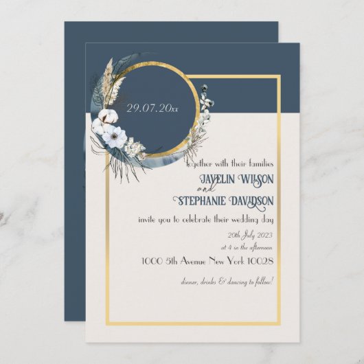 Floral Boho Blue Wedding Invitation Kaart (Voorkant / Achterkant)