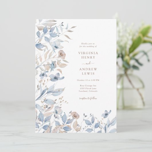 Floral Boho Blue Wedding Invitation Kaart (Staand voorkant)