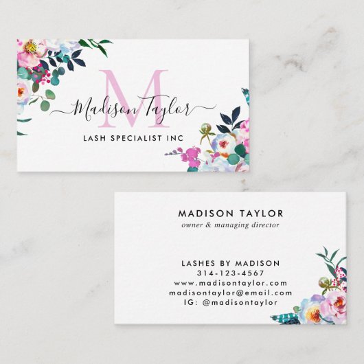 Floral Boho Blush Pink Peony Botanisch Monogram Visitekaartje (Voorkant / Achterkant)