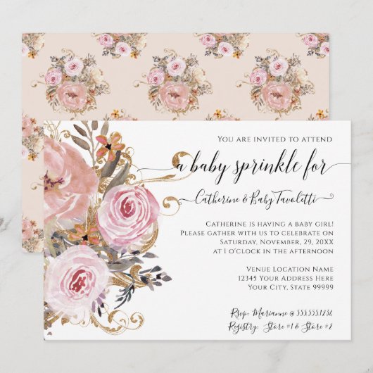Floral BOHO Blush Pink Waterverf Baby Girl Shower Kaart (Voorkant / Achterkant)