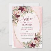 Floral Boho Burgundy Blush Gold Roses Save Date Kaart (Voorkant)