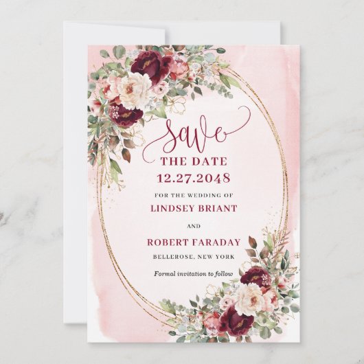 Floral Boho Burgundy Blush Gold Roses Save Date Kaart (Voorkant)