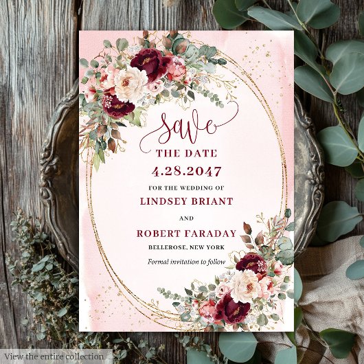 Floral Boho Burgundy Blush Gold Roses Save Date Kaart