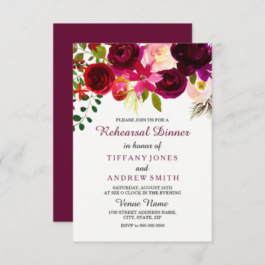 Floral Boho Burgundy Red Wedding Rehearsal Dinner Kaart (Voorkant / Achterkant)