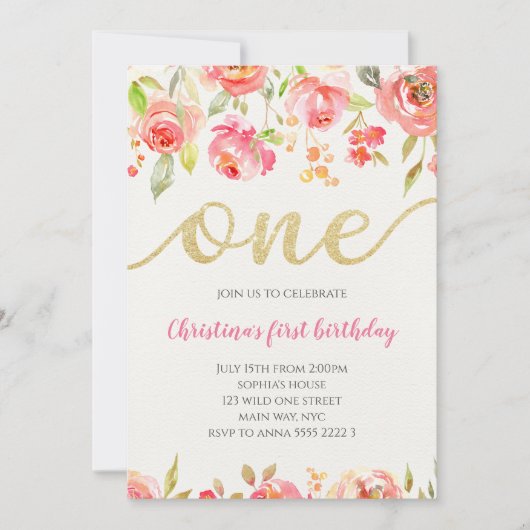 Floral Boho Calligraphy Baby Girl First Birthday Kaart (Voorkant)