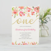 Floral Boho Calligraphy Baby Girl First Birthday Kaart (Staand voorkant)