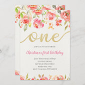 Floral Boho Calligraphy Baby Girl First Birthday Kaart (Voorkant / Achterkant)