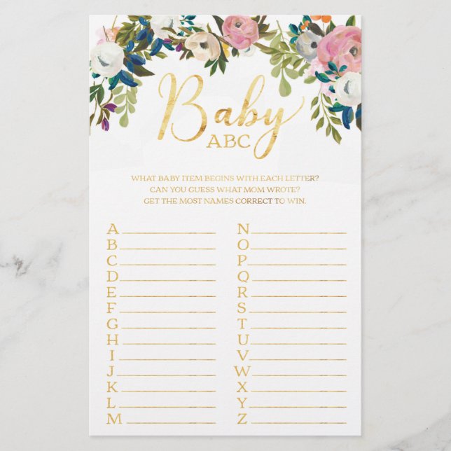 Floral Boho Chic Baby shower ABC Game (Voorkant)
