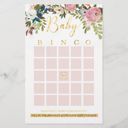 Floral Boho Chic Baby shower Bingo Game (Voorkant)
