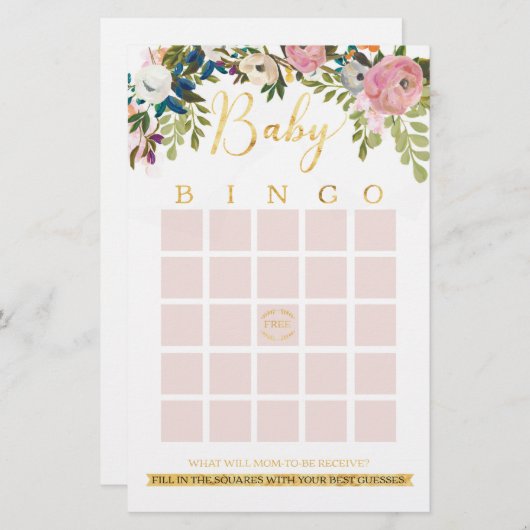 Floral Boho Chic Baby shower Bingo Game (Voorkant / Achterkant)