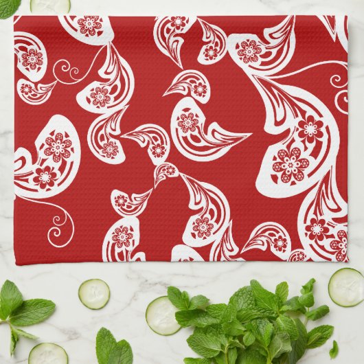 Floral Boho Chic Peacock Elegant Red Asian Wedding Theedoek (Gevouwen)