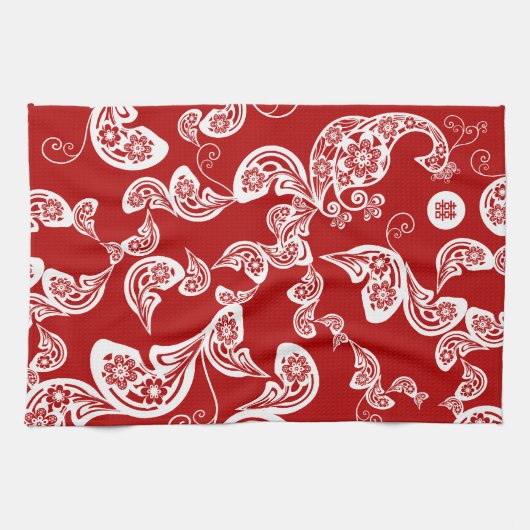 Floral Boho Chic Peacock Elegant Red Asian Wedding Theedoek (Horizontaal)