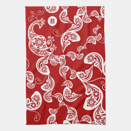 Floral Boho Chic Peacock Elegant Red Asian Wedding Theedoek (Verticaal)