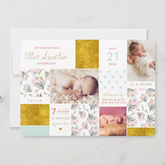 Floral Boho Collage Gold Birth koninklijke kaarten (Voorkant)