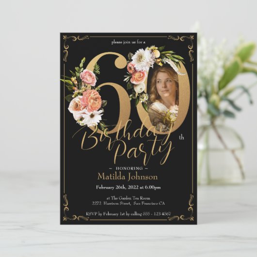 Floral Boho Custom Photo Zwart Goud 60e Verjaardag Kaart (Staand voorkant)