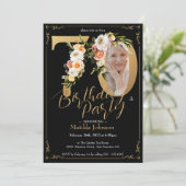 Floral Boho Custom Photo Zwart Goud 70e Verjaardag Kaart (Staand voorkant)
