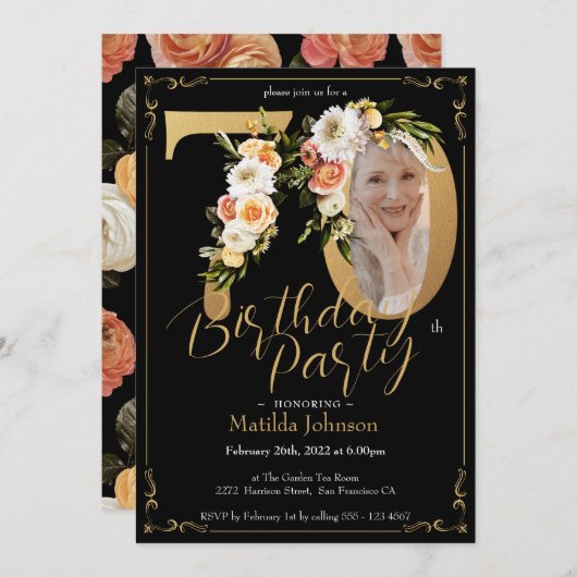 Floral Boho Custom Photo Zwart Goud 70e Verjaardag Kaart (Voorkant / Achterkant)