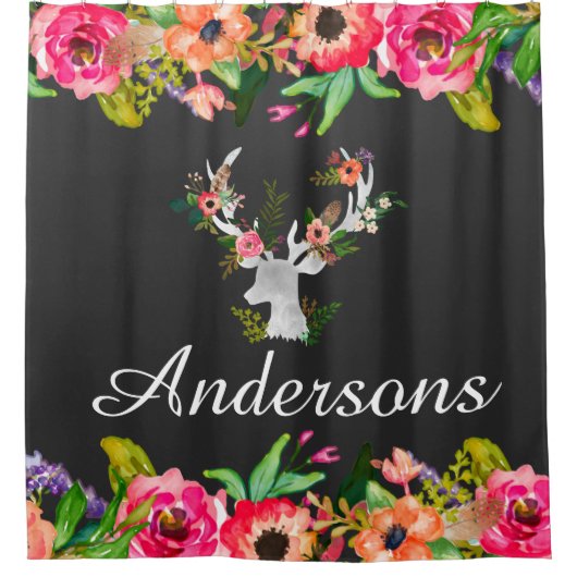 Floral Boho Deer Bath Shower Curtain Persoonlijk Douchegordijn (Voorkant)