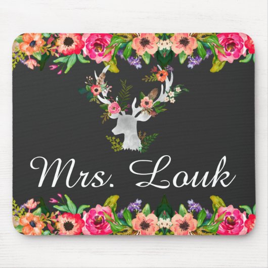 Floral Boho Deer Monogram Name Muismat (Voorkant)