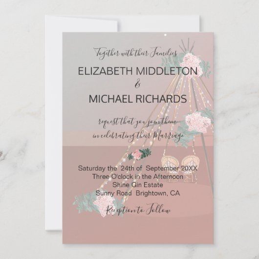 Floral Boho Desert Rustic Teepee / Tipi Wedding Kaart (Voorkant)