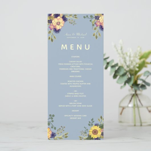 Floral Boho Dusty Blue Wedding Menu (Staand voorkant)