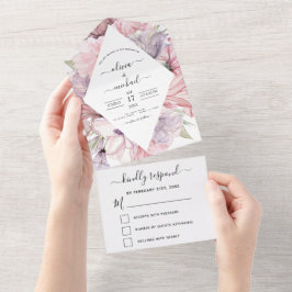 Floral Boho Dusty Pink Paars Wedding RSVP All In One Uitnodiging