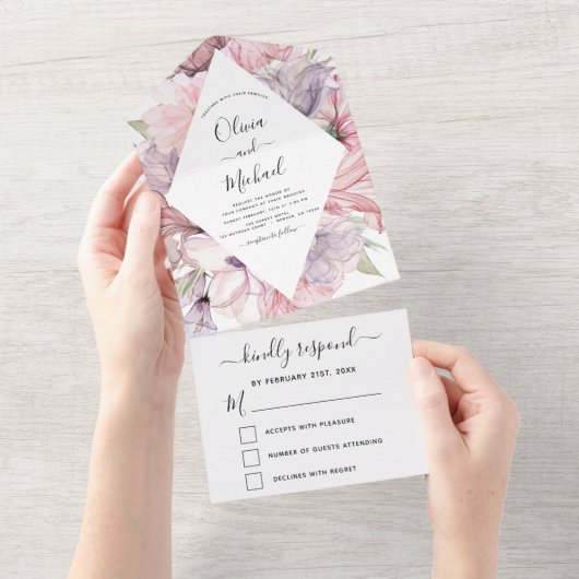 Floral Boho Dusty Pink Paars Wedding RSVP All In One Uitnodiging (Afscheurbaar)