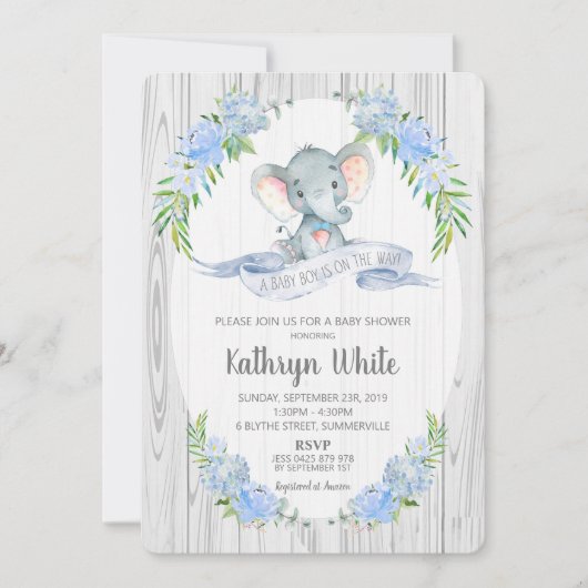 Floral Boho Elephant Baby shower Invitation Boy Kaart (Voorkant)