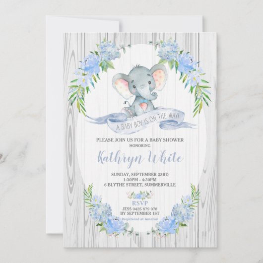 Floral Boho Elephant Baby shower Invitation Boy Kaart (Voorkant)