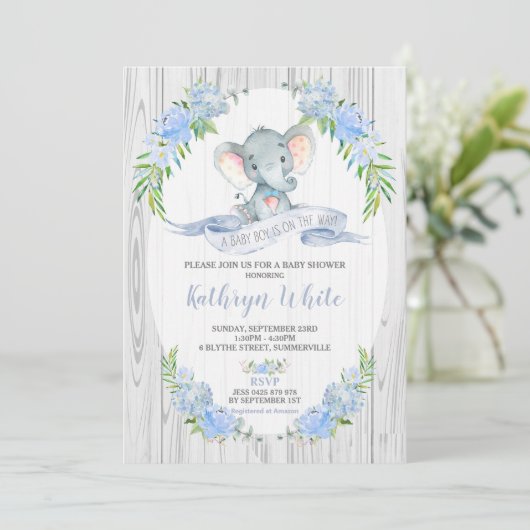 Floral Boho Elephant Baby shower Invitation Boy Kaart (Staand voorkant)