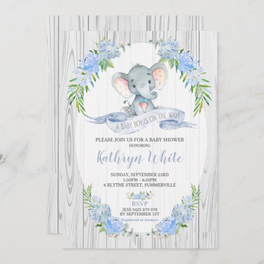 Floral Boho Elephant Baby shower Invitation Boy Kaart (Voorkant / Achterkant)