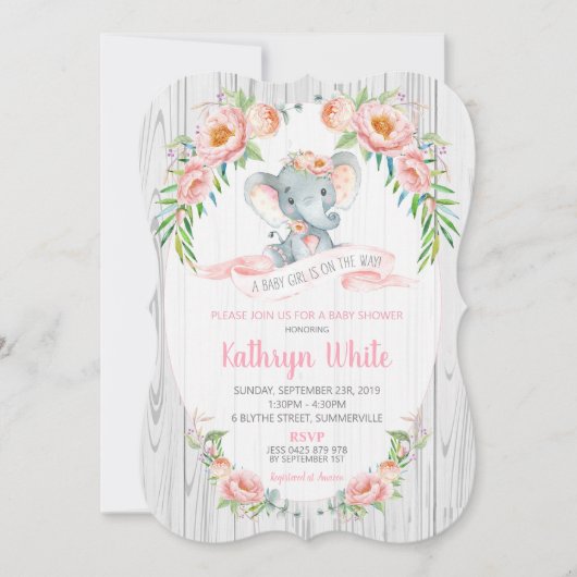 Floral Boho Elephant Baby shower Invitation Girl Kaart (Voorkant)
