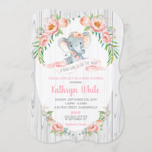 Floral Boho Elephant Baby shower Invitation Girl Kaart