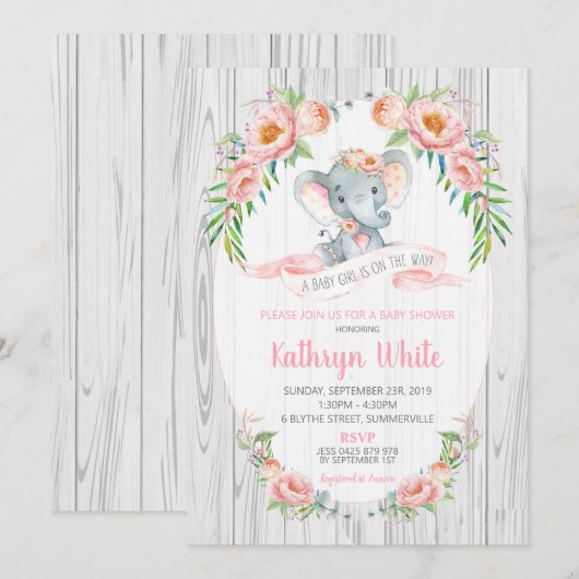 Floral Boho Elephant Baby shower Invitation Girl Kaart (Voorkant / Achterkant)