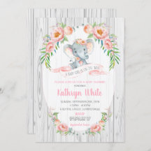 Floral Boho Elephant Baby shower Invitation Girl