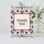 Floral boho folk art design rood wit en blauw bedankkaart (Staand voorkant)