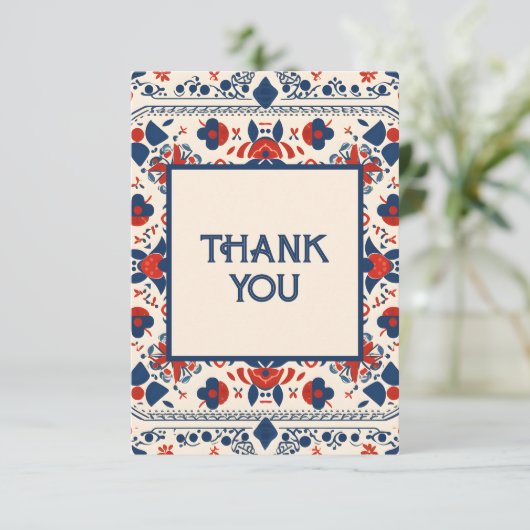 Floral boho folk art design rood wit en blauw bedankkaart (Staand voorkant)