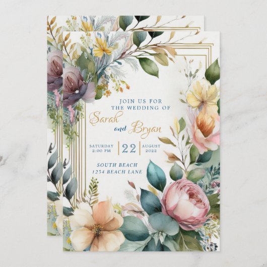 Floral Boho Greenery Geometrische bruiloft uitnodi Kaart (Voorkant / Achterkant)