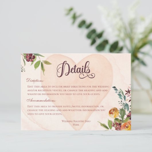 Floral Boho hart perzik bruiloft details Informatiekaartje (Staand voorkant)