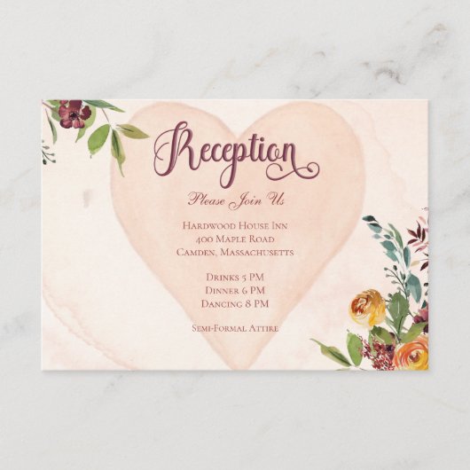Floral Boho hart perzik bruiloft receptie Informatiekaartje (Voorkant)
