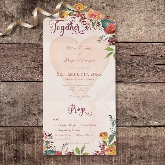 Floral Boho hart perzik juweel diner All In One Uitnodiging